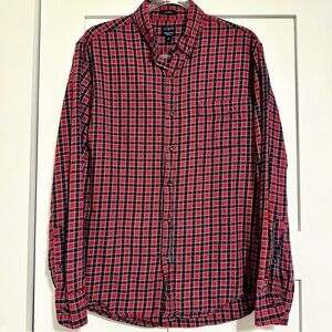 J. Crew Men's Checkered Blue and Red Brushed Twill Button-Down Shirt • Large